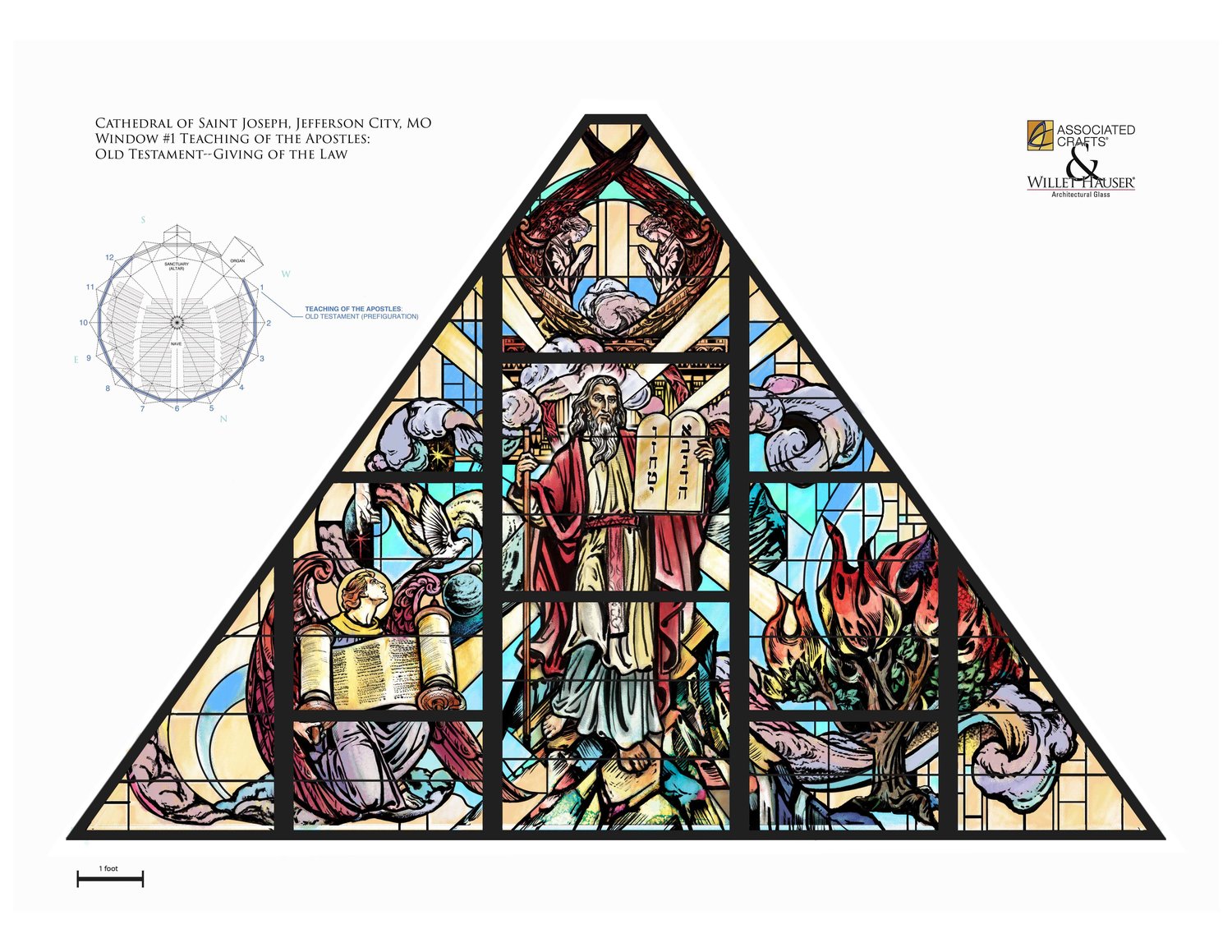 This is the final design from which artisans created the window depicting Moses presenting to the Israelites in the desert the Ten Commandments he had received from God on Mount Sinai.